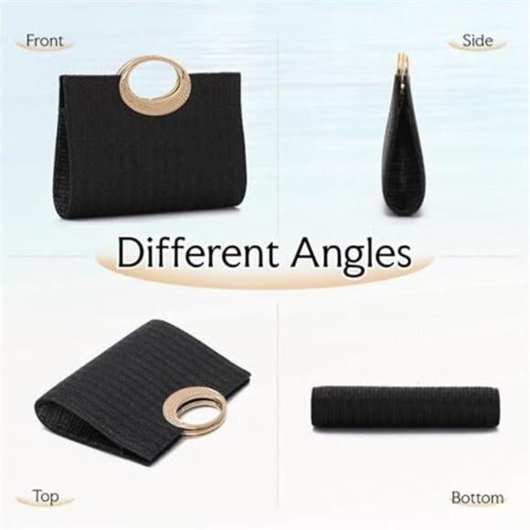 Straw Top Handle Clutch Purse Summer Beach Evening Handbag Women Black - Picture 4 of 9